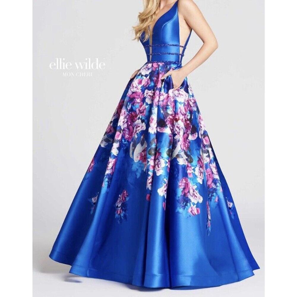 Ellie Wilde Mon Cheri EW118006 Blue V-neck A-line Floral Gown Prom 16/18* Read